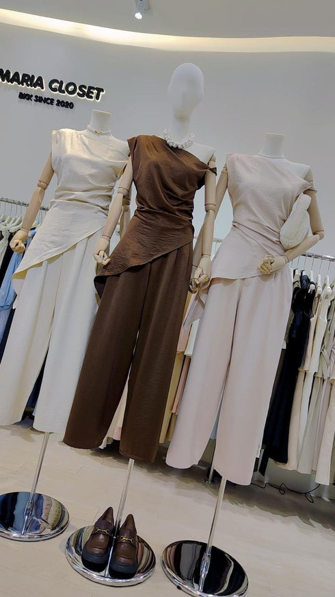 Ladies Safin Twist Asymmetrical Sleeves Blouse With Trousers Sets
